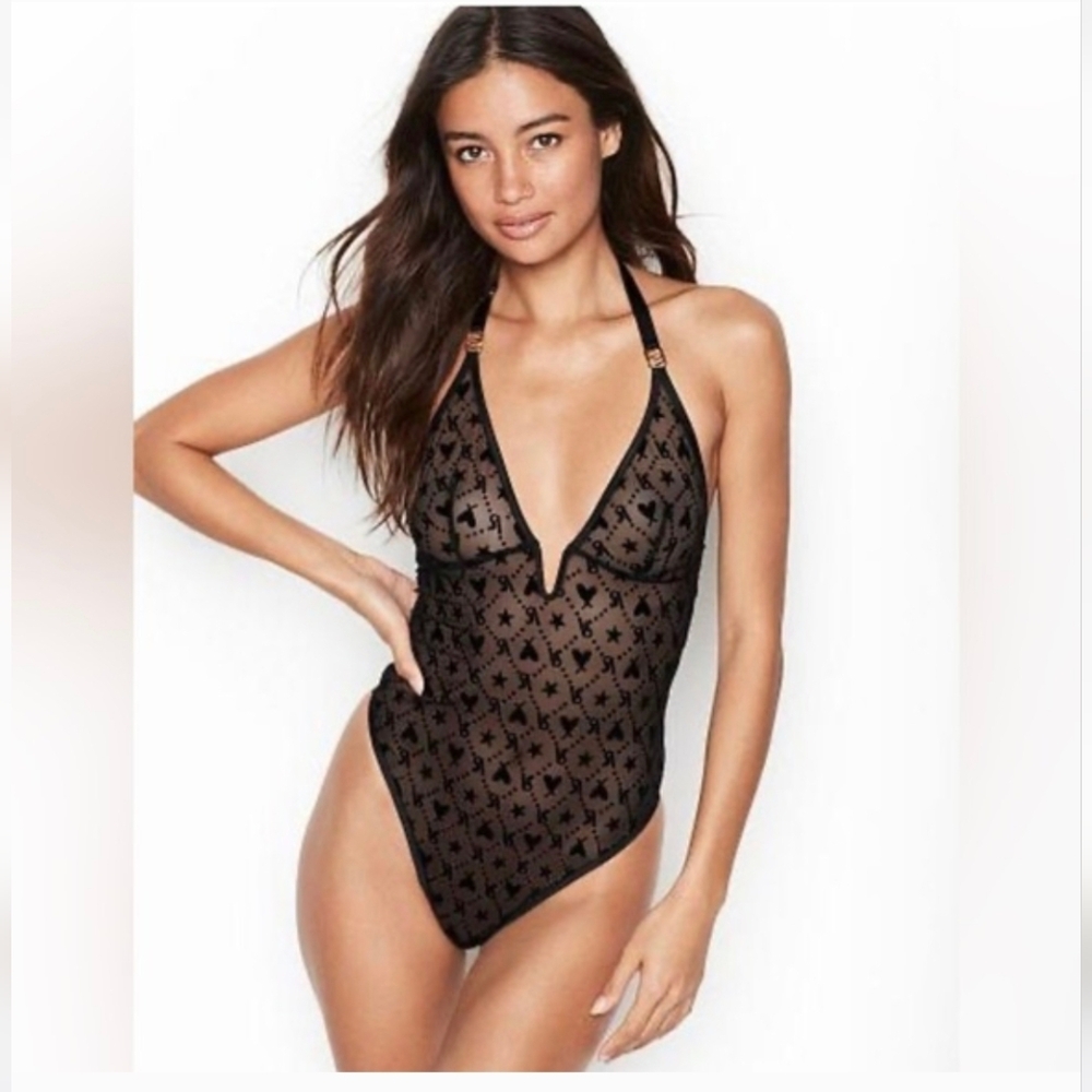 Victoria's Secret Black Mesh Hearts/Stars And VS Bodysuit Size Large
